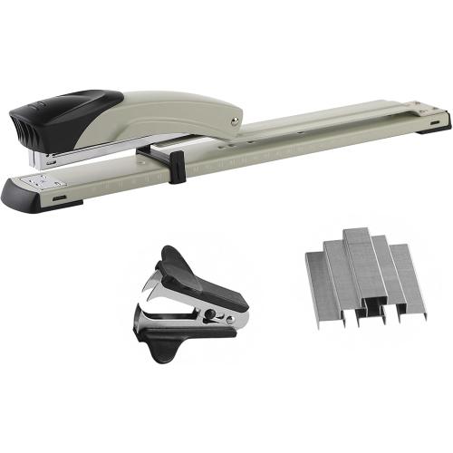Long Reach Stapler,with 2000 Staples & Stapler Remover Full Strip，20-25 Sheet Capacity,with Built-in Ruler and Adjustable Locking Paper Guide, Gray