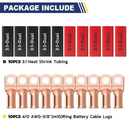 haisstronica 20PCS Battery Cable Lug & Heat Shrink Kit 4/0 AWG 3/8 (M10)