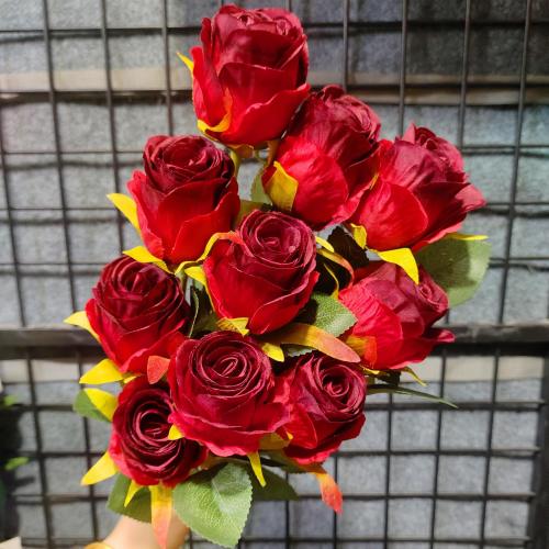 Artificial Red Roses 10 Pcs, Single Stem Silk Fake Roses