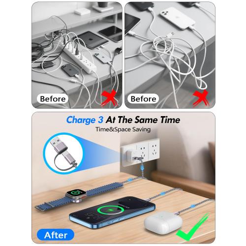 Travel Essentials for Apple Watch Charger,iPhone Charger,3 in 2 Multi Charging Cable,Type C/Magnetic Fast Charging Cable [Portable] for iWatch Series Ultra/11/10/9/SE,iPhone 17-11-6FT Gray