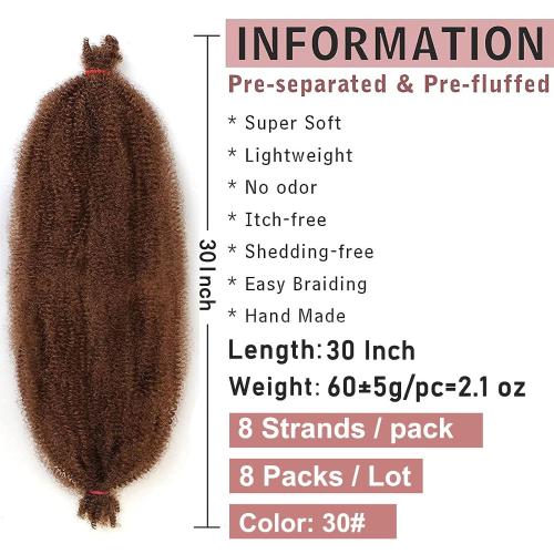 8 Packs Pre-Separated Spring Twsit 30 Inch Soft Springy Afro Twist Hair For Soft Faux Locs Honey Brown Long Marley Twist Crochet Braiding Synthetic Hair Extension For Women (8 Strands/Pack,30#)