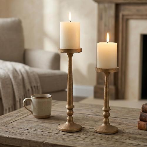 BANOMII Vintage Iron Pillar Candle Holders Set of 2, Antique Brass Gold