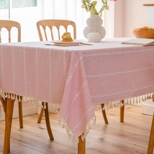 Pink Linen Table Cloth for Rectangle Table Burlap Tablecloth with Tassel Kitchen Dining Room Water Resistant Table Cloths 140x260 Inch