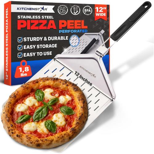 KitchenStar 12-inch Perforated Pizza Peel with Folding Handle - Stainless Steel Spatula Paddle for Effortless Pizza Transfer & Easy Storrage - Dishwasher Safe Pizza Oven Accessories