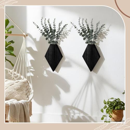 Chunful 2 Pcs Wooden Wall Planter Decor,Black,9.8 x 6.6 x 1.2 Inches
