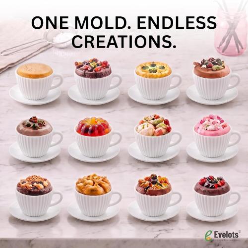 Evelots 12-Piece Silicone Teacup Cupcake Molds, 6 Cups & Saucers, BPA-Free