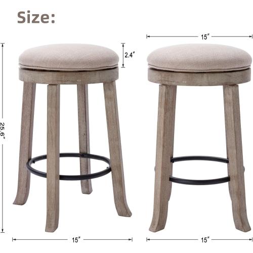 LukeAlon Farmhouse Linen Fabric Round Bar Stools Set of 2, 360° Swivel 25.6” Counter Height Stools with Solid Wood Legs Backless Low Barstools with Footrest for Home Bar Kitchen Island, Beige