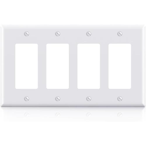 ELEGRP 4-Gang Decorative Wall Plates, Mid-Size 4.88 H x 8.57 L Unbreakable Thermoplastic Faceplate Cover for Decorator Receptacle Outlet Switch, UL Listed (1 Pack, Glossy White)