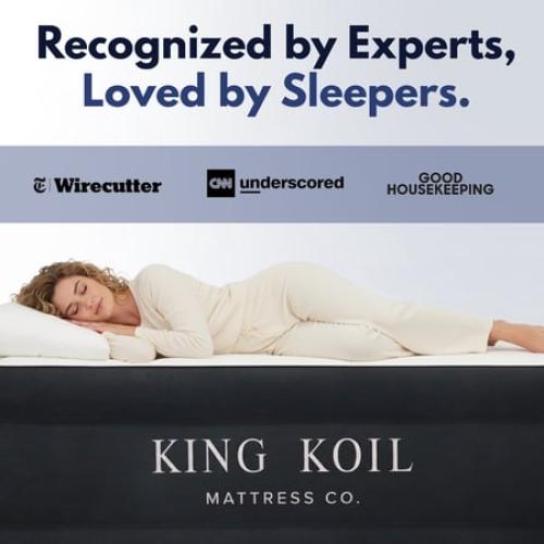 King Koil Luxury Air Mattress Queen with Built in Pump, Integrated Premium Pillow Inflatable Airbed for Guests, Camping & Home