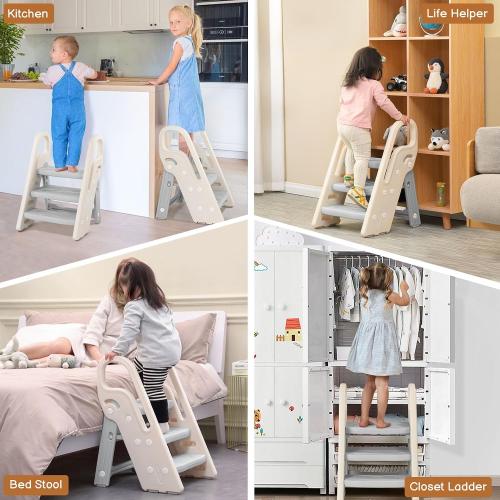 Onasti Foldable Step Stool for Bathroom Sink, Adjustable 3 Step Stool for Kids Toilet Potty Training Stool with Handles, Child Kitchen Counter Stool Helper, Plastic Ladder for Toddlers Grey