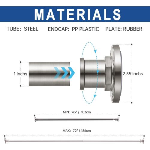 BRIOFOX Industrial Shower Curtain Rod - 2-in-1 Design Tension Curtain Rod - Never Rust Non-Slip 43 to 72 Inch 304 Stainless Steel, Brushed Nickel Window Curtain Rod
