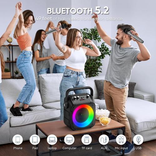 Karaoke Machine, Portable Bluetooth Speaker with 2 Wireless Microphones for Adults & Kids with Lights, Karaoke Microphone with PA System Supports USB/TF/FM/AUX for Home Party Home System Packages