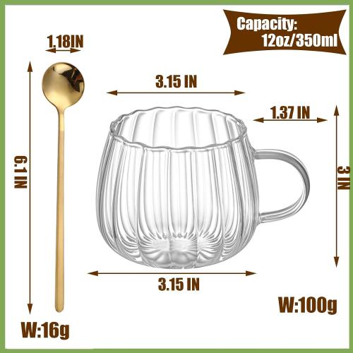 Viovian 12oz Clear Glass Coffee Mugs Set of 6 Ribbed Coffee Cups With Handles Modern Cute Glass Tea Mug Cup for Hot Beverage/Cappuccino/Latte/Cereal/Yogurt/Mocha/Milk