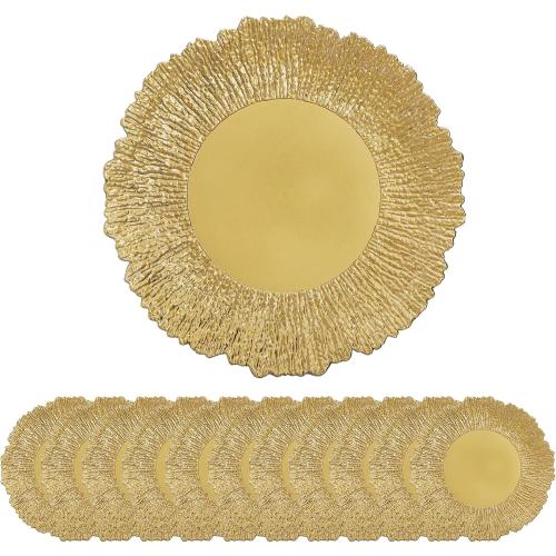 Coloch Set of 12 Gold Charger Plates, 13 Plastic Reef Serving Chargers for Dinner Plate Reusable Round Shiny Decorative Charger Plate for Wedding, Catering, Parties, Christmas, Home Dinner Use