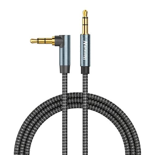 AUX Cord 6ft, 3.5mm Stereo Audio Cable 90 Degree Right Angle Nylon Braided Male to Male for Car, Headphones, Speaker, PS4/PS5, PC, Tablets - Hi-Fi Sound Portable TRS Auxiliary Cable