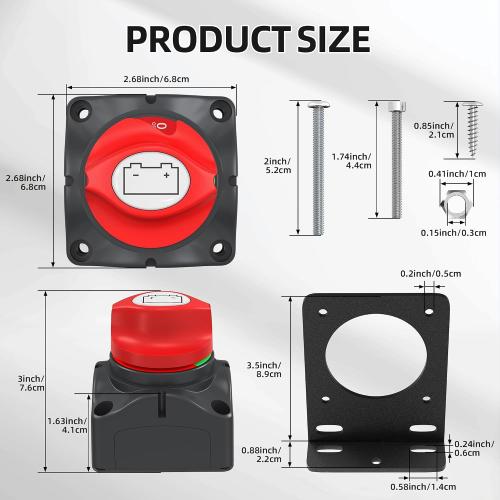 Battery Disconnect Switch with Aluminum Mounting Bracket, 12V-48V Waterproof Marine Battery Cut Off Switch, 275A Heavy Duty Kill Switch Power Master Switch Isolator for RV, Boat, Car, Trailer, Truck