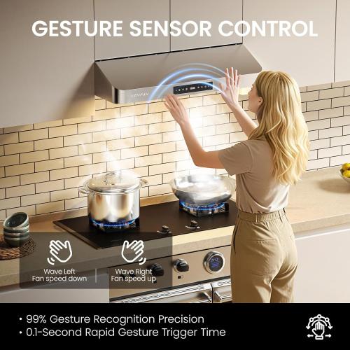 Under Cabinet Range Hood 30 Inch, 1200 CFM Kitchen Vent Hood, 4 Fan Speeds, Gesture & Touch Control with Memory Mode, Auto Shutoff Timer, Removable Grease Filters