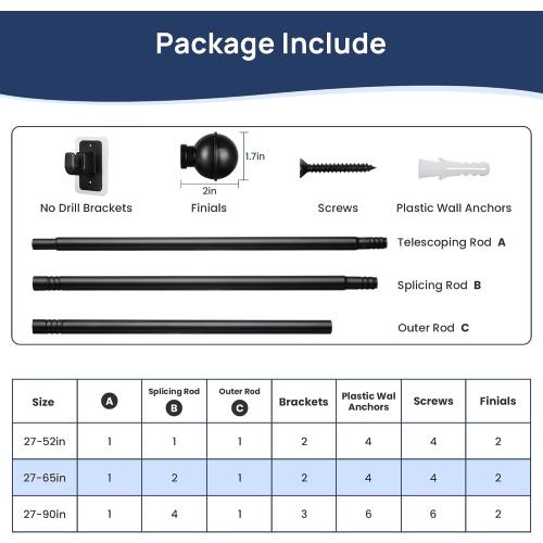 ENJOYBASICS 2 Pack 28-60 No Drill Curtain Rods, Renter Friendly, Black