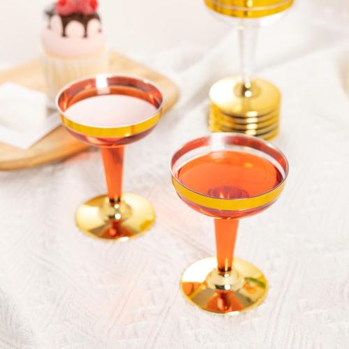 Lullaby 50PCS 5oz Plastic Champagne Coupe Glasses with Gold Rim, Elegant Plastic Champagne Glasses, Unbreakable and Crystal Clear, Perfect for Weddings, Parties, Birthdays, and Special Occasions