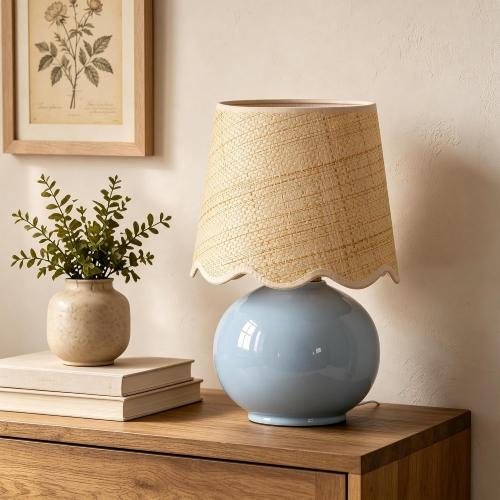 PARTPHONER Coastal Lamp, Small Ceramic Table Lamp, Light Blue Globe Base with Rattan Woven Shade, Rocker Switch Boho Bedside Lamp for Bedroom, Living Room, Kids Room, Bulb Included
