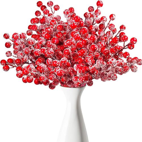 50 Pcs Holly Stems, 8.7 Snow Sprays Artificial Red Berry Stems, Holly Berry Picks for Christmas Tree Fillers Decor, Fake Red Berries for DIY Crafts Wreaths Garland Home Party Winter Decor