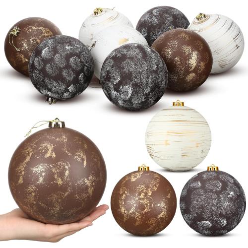 8 Pcs 6 Inch Large Neutral Textured Christmas Ball Ornaments Rustic Hanging Xmas Tree Decoration Vintage Rusty Copper Brown Decor for Farmhouse Modern Christmas Indoor Outdoor Home