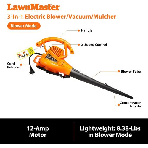 LawnMaster BV1210 Electric Blower Vacuum Mulcher 12 Amp 2-Speed Adjustment with Metal Impeller 240 MPH 380 CFM 16:1 Mulch Ratio with Collection Bag