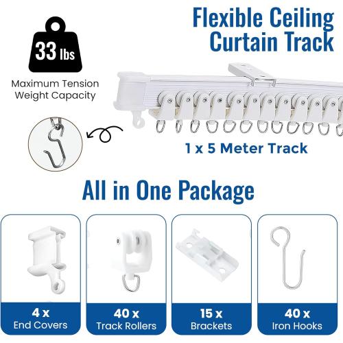 UrbanRed Flexible Ceiling Curtain Track, 5 m (16.4 ft) Rail Kit, White | Flexible curtain ceiling track bends for smooth sliding, making it ideal for room dividers, RVs and bay windows.
