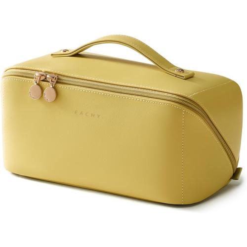 EACHY Travel Makeup Bag, Large Capacity Cosmetic Bag for Women, Waterproof PU Leather, Flat Open Portable Toiletry Bag for Skincare, Brushes & Travel Essentials