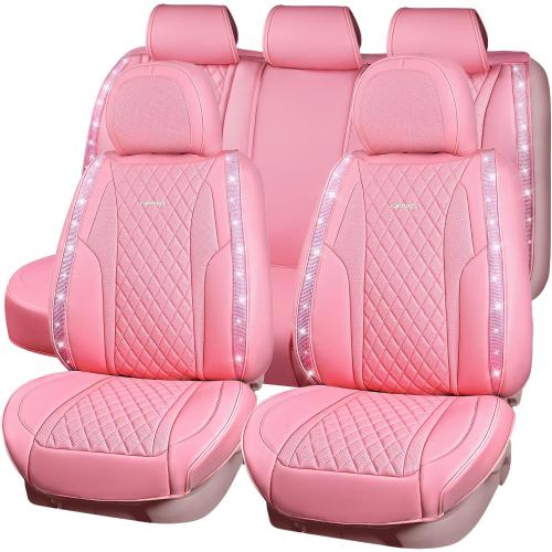 CAR PASS Pink Nappa Leather Car Seat Covers for Full Seats, Bling Diamond Waterproof Seat Protectior Universal Fit Auto SUV Sedan Truck Glitter Sparkly Shining Rhinestone for Women Girl, Pink Leather