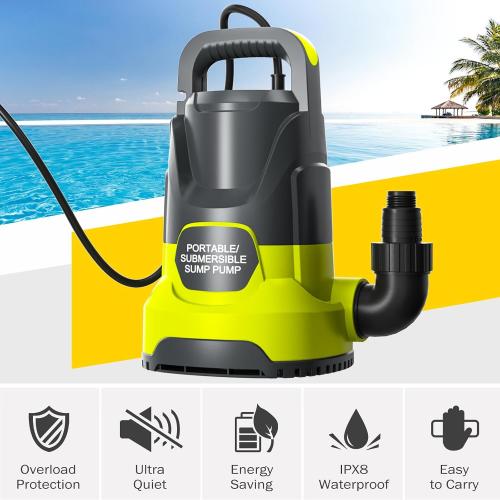 Portable Sump Pump 1 HP Submersible Water Draining Pump 4000 GPH Clean/Dirty Electric Water Transfer Pumps with Adapters for Pool Basement Garden Spa Hot Tub Pond Flood Yard Water Tank