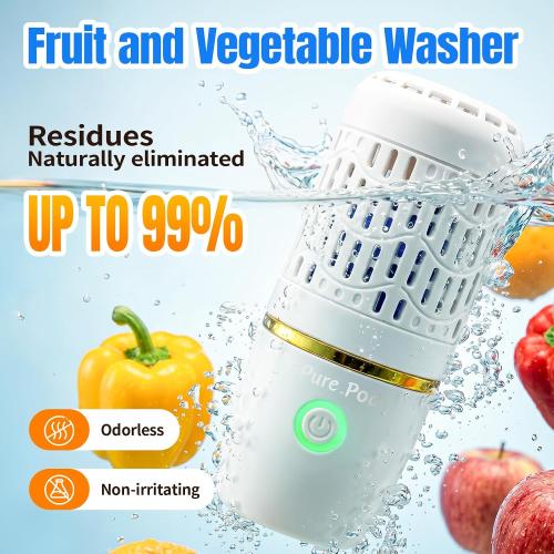 and Fruit Cleaner, Portable Capsule Fruit Vegetable Cleaner, Water Ion Tech, IPX7 Waterproof, Magnetic Charging 10-Min Auto Cycle for Home RV Meat Seafood Grain Cleaning (White)