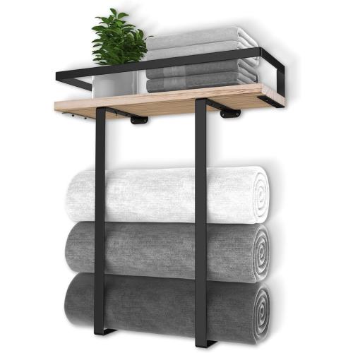 Xstydes Towel Racks for Bathroom Wall Mounted, Metal Towel Holder with Wooden Shelf for Folding Large Towels, Towel Storage for Small Bathroom Organizer Decor or RV Camping