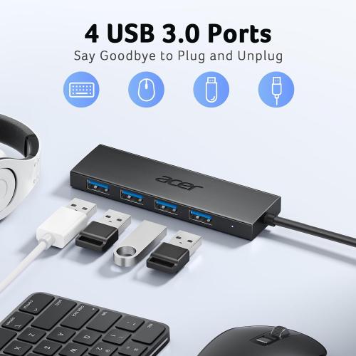 Acer USB Hub 4 Ports, Multiple USB 3.0 Hub, USBA Splitter for Laptop/PC 2FT