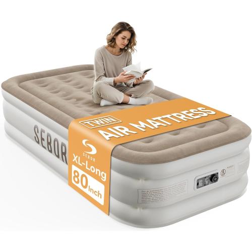 Air Mattress with Built-in Pump, Comfortable Self-Inflating Air Mattress with High-Speed Pump, Durable Blow Up Mattress with Storage Bag for Guests, Camping, Travel (Khaki White, 18 Twin XL)