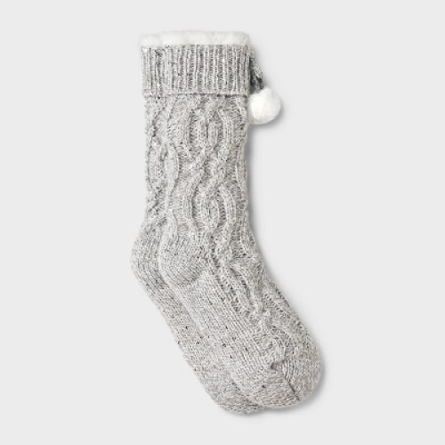 Women's Sequin Twist Cable Knit Faux Shearling Lined Slipper Socks with Faux Fur Poms & Grippers - Charcoal Heather 4-10