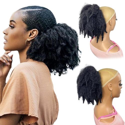Short Marley Hair Drawstring Ponytail Black 4C Afro Puff Bun Braiding Ponytail Hair with Clips Synthetic Afro Kinky Curl Pony Tail Hairpiece for Black Women - Natural Black 12