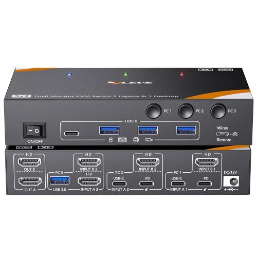 KCEVE KVM Switch 2 Monitors for 2 Laptops 1 Desktop, USB 3.0 KVM Switch 2 Monitors 3 Computers USB C HDMI Share 4 USB3.0 Device, 4K@60Hz, 100W PD, Wired Remote(4K USB C HDMI 3 in 2 Out KVM)
