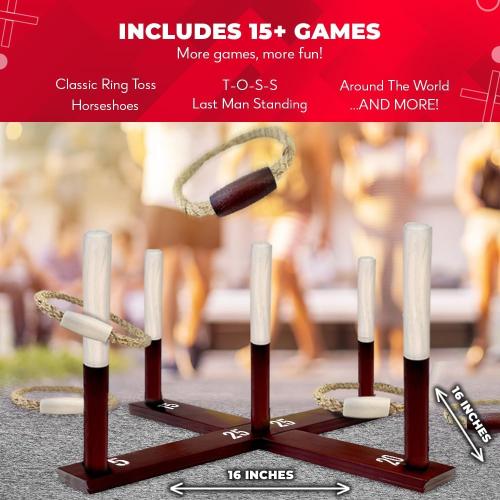Swooc Games - Rustic Ring Toss Game (All Weather) - Easy Setup & Extra Games Included - Ring Toss Game for Adults - Outdoor Activities for Adults - Yard Toys for Kids - Backyard Fun - Outdoor Party