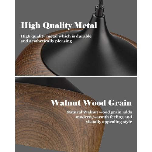 ELYONA Modern Bauhaus Pendant Light Walnut Wooden Pattern Dome Pendant Light Fixture Matte Black Metal Gold Inner Adjustable Hanging Lighting for Kitchen Island Dining Room Office Hallway Bedroom
