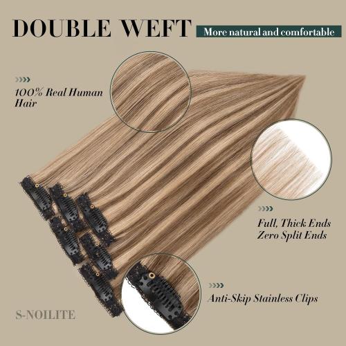 Short Hair Extensions Clip ins,S-noilite Short Clip in Hair Extensions Real Human Hair,Mini Hairpieces for Add Volume and Highlights,6 Pieces 31g 10 inch Medium Brown Mixed Dark Blonde