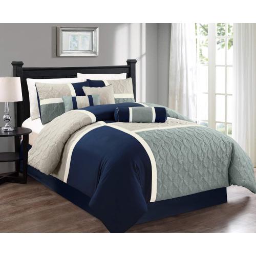 Chezmoi Collection Upland 7-Piece Quilted Patchwork Comforter Set, Navy/Blue/Gray, Queen