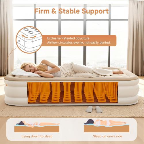 Air Mattress with Built-in Pump, Comfortable Self-Inflating Air Mattress with High-Speed Pump, Durable Blow Up Mattress with Storage Bag for Guests, Camping, Travel (Khaki White, 18 Twin XL)