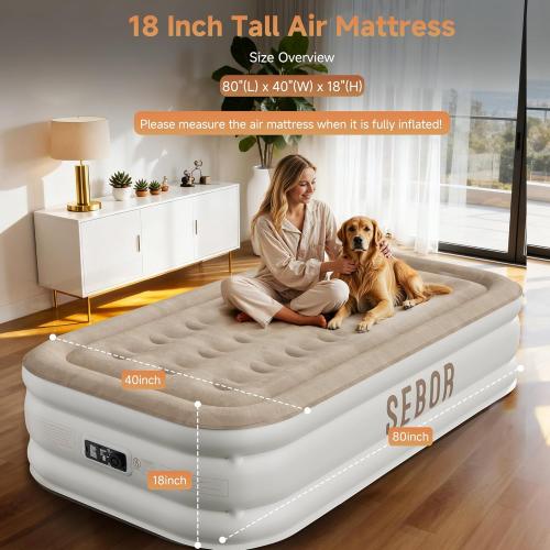 Air Mattress with Built-in Pump, Comfortable Self-Inflating Air Mattress with High-Speed Pump, Durable Blow Up Mattress with Storage Bag for Guests, Camping, Travel (Khaki White, 18 Twin XL)