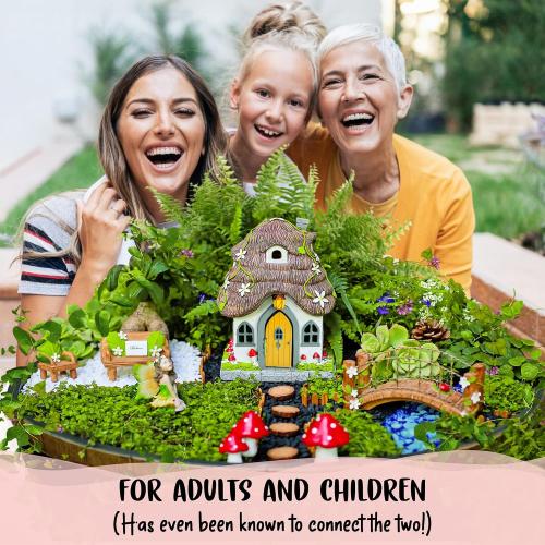 WILD PIXY Fairy Garden Kit - 13 Piece Glow in The Dark Accessories with 7.1 Outdoor Fairy House with Opening Door and Solar LED Light, Garden Door for Trees, Stones, Indoor/Outdoor Decor