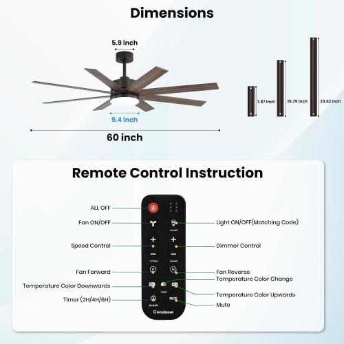 60 Inch Ceiling Fans with Lights and Remote, Dual Color 6 Blades, Bedroom Living Room Office Library Cafe Outdoor Industrial, 3CCT Dimmable, 6 Speed Reversible Quiet DC Motor, Brown/Wood Grain