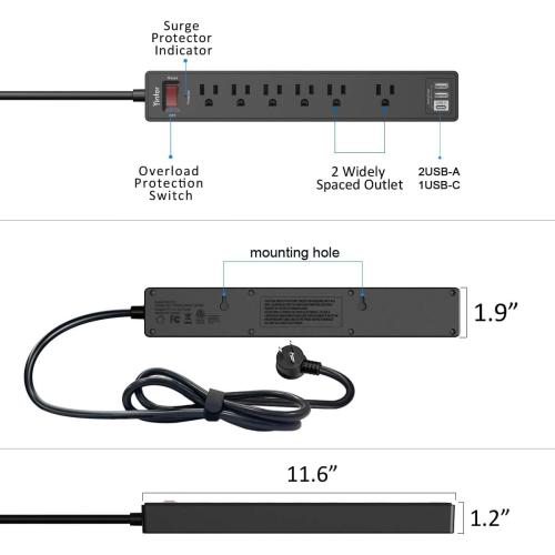 Yintar 6Ft Surge Protector Power Strip with 6 Outlets & 3 USB Ports, Black | 6 Feet Flat Plug Extension Cord with Multiple Outlets for Home, Office, Dorm Essentials, 1680 Joules, ETL Listed