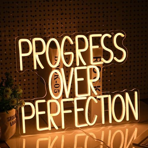 Progress Over Perfection Neon Sign for Wall Decor Dimmable Warm White Words Led Light Up Sign USB Powered LED Letters Neon Light for Classroom Bedroom Library Study Room(16.5 * 12.6In)