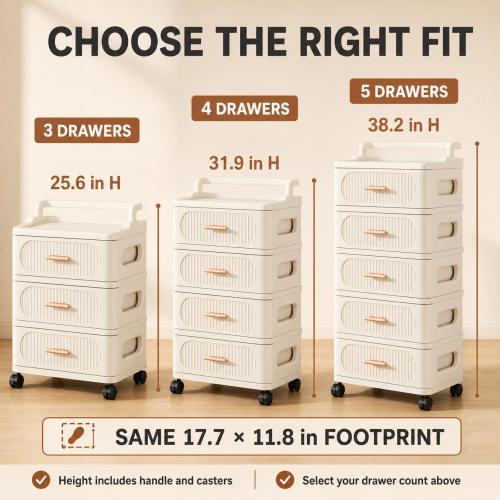 Rolling Storage Cart with 4 Drawers, Plastic Cabinet with Wheels, Raised-Edge Top and Push Handle, Mobile Organizer for Bedroom, Bathroom, Craft Room, Cream, 17.7 x 11.8 x 31.9 in