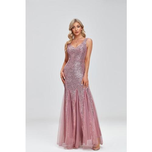 Size L Updated Women's Double V Neck Long Sequined Mermaid Dress Formal Dress Bridesmaid Party Dress